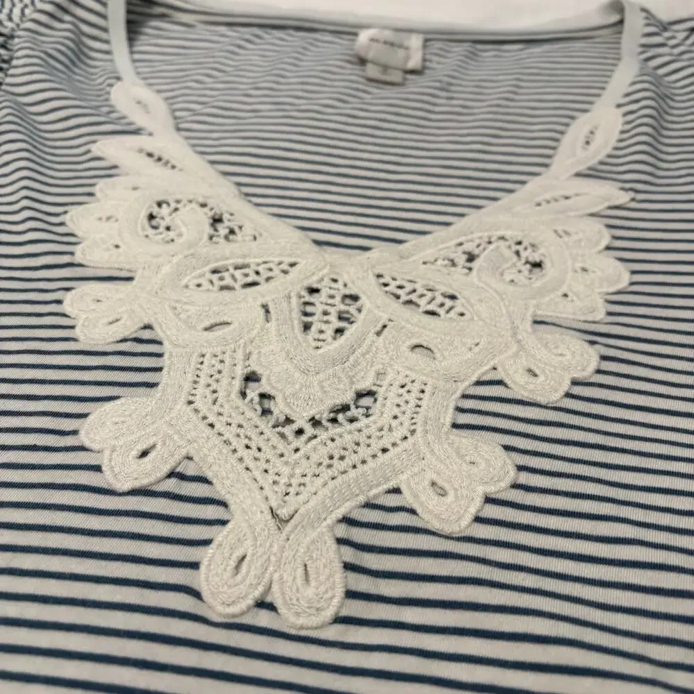 Anthropologie Maeve Striped Puff Sleeve Lace Top Size Small Nautical Coastal